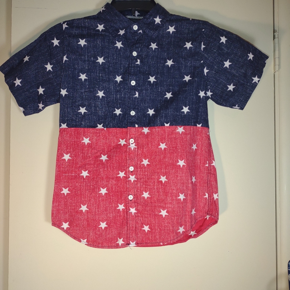 "Univibe", boys size L, Red, White &Blue, short sleeve button down shirt